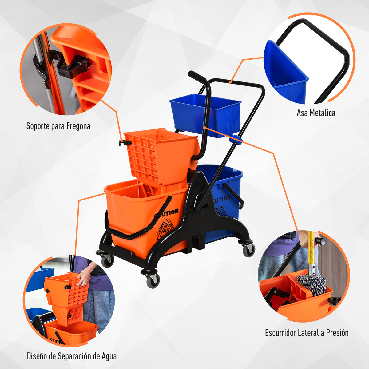 Balde para esfregona comercial Balde para esfregona com escorredor de baixa pressão 26L Capacidade com 4 rodas silenciosas Baldes separados duplos 78x45x95cm Laranja e azul — foto 6