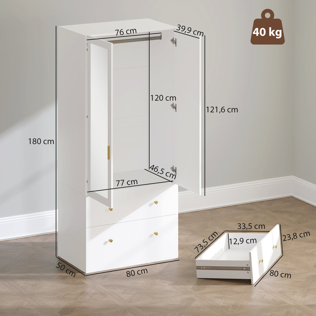 Roupeiro com 2 Portas e 2 Gavetas Armário Roupeiro com Espelho Barra para Pendurar Estilo Moderno 80x50x180 cm Branco — foto 3