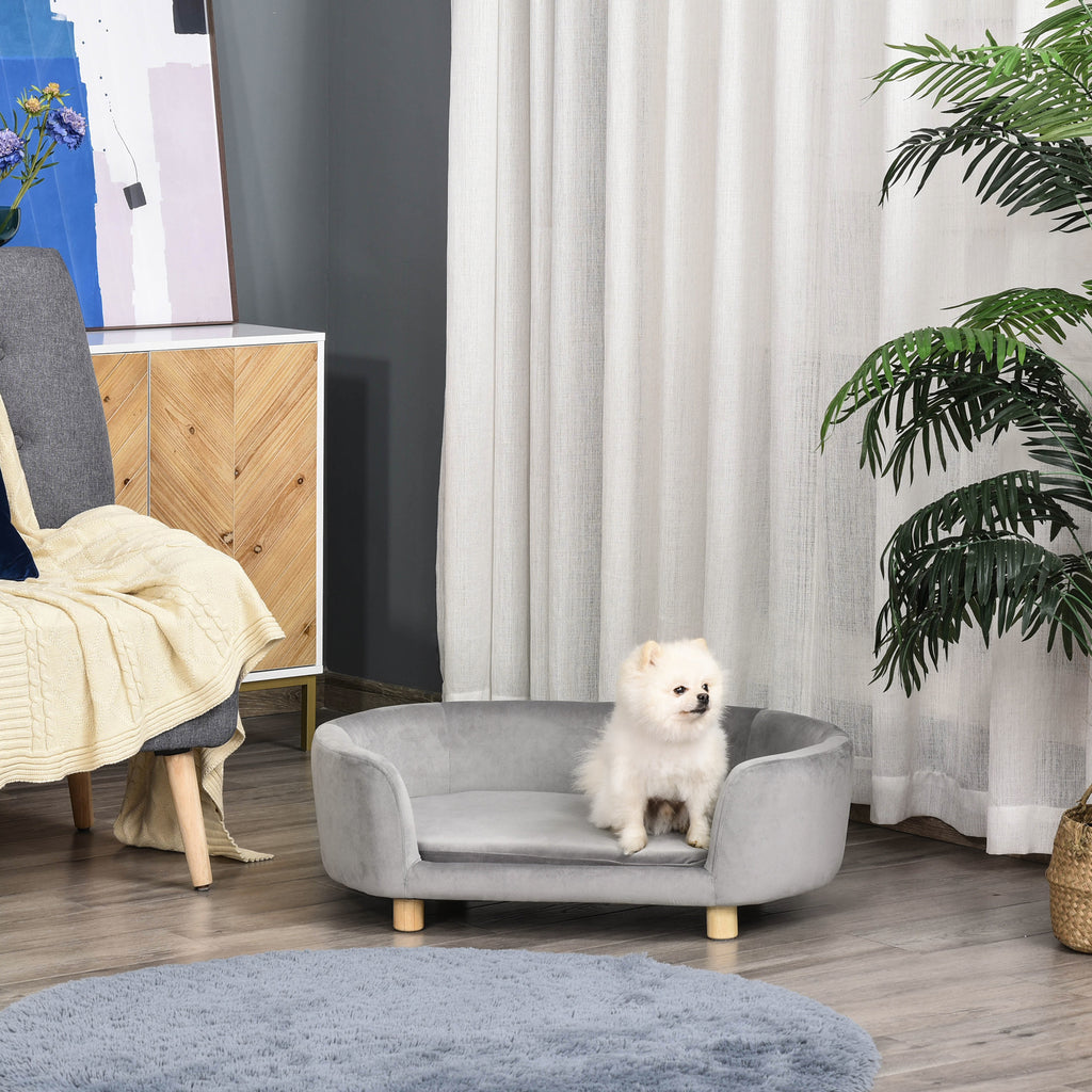Sofá para Cães Pequenos Cama Elevada para Cães com Pés de Madeira Almofada Removível e Capa Lavável Carga 10 kg 86x55x33 cm Cinzento Claro — foto 2