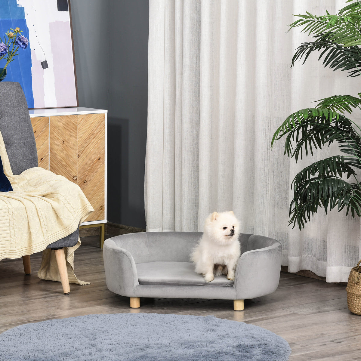 Sofá para Cães Pequenos Cama Elevada para Cães com Pés de Madeira Almofada Removível e Capa Lavável Carga 10 kg 86x55x33 cm Cinzento Claro — foto 2