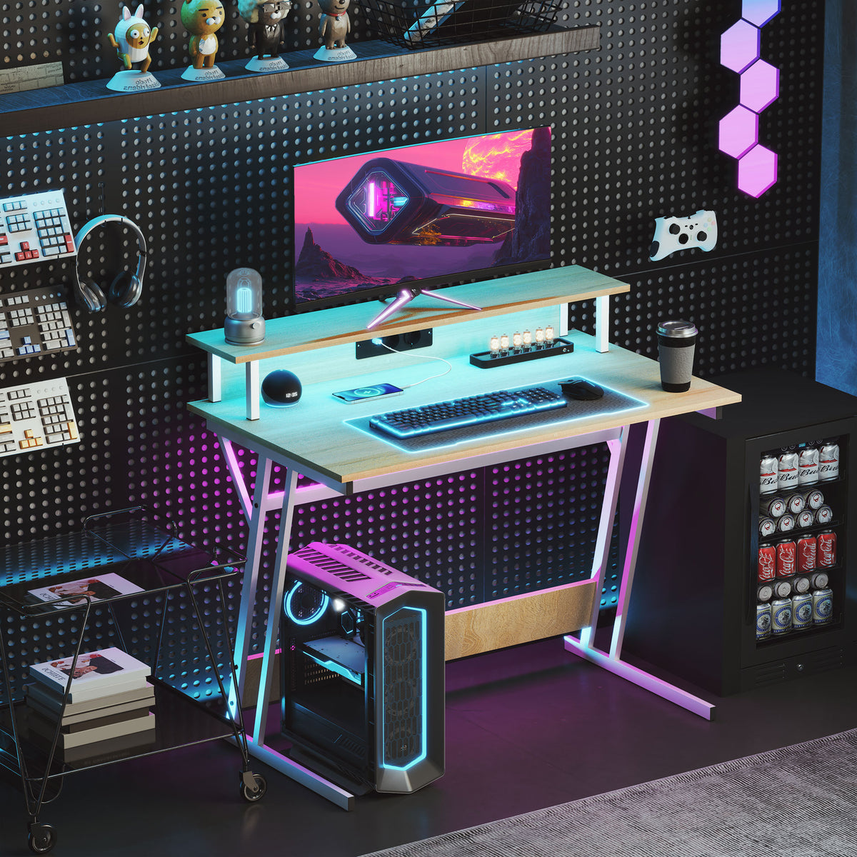 Mesa Gaming com Luzes LED, 100x60 cm, Secretária Gaming, Mesa Gamer com Tomadas Elétricas, Suporte para Monitor, Prateleiras e Controlo Remoto, para Escritório, Estúdio, Natural — foto 2