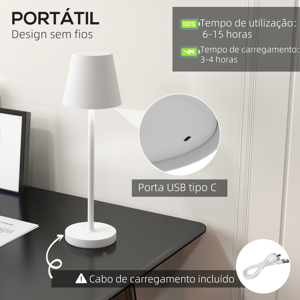 Candeeiro de Mesa com Luzes LED Candeeiro de Mesa Sem Fios Recarregável por USB-C 3 Cores Ecrã de Acrílico para Quarto Sala Ø11,2x36,5 cm Branco - Modelo 1 — foto 4