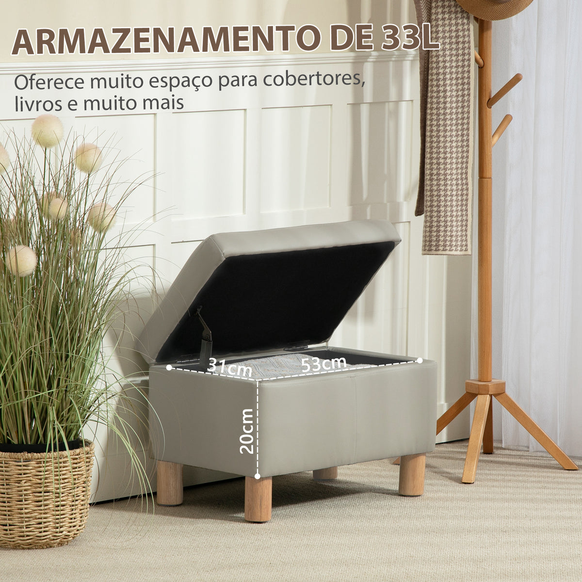 Baú de Armazenamento para Dormitório 33L Puff de Armazenamento Estofado em PU Banco de Arrumação com Pés de Madeira para Corredor Sala de Estar 60x38x40 cm Cinza Claro — foto 4