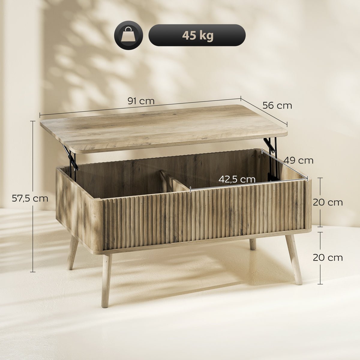 Mesa de Centro Elevatória Mesa de Café para Sala de Estar com Compartimentos Ocultos de Armazenamento e Pés de Pinho 91x56-80,5x43-57,5 cm Carvalho — foto 3