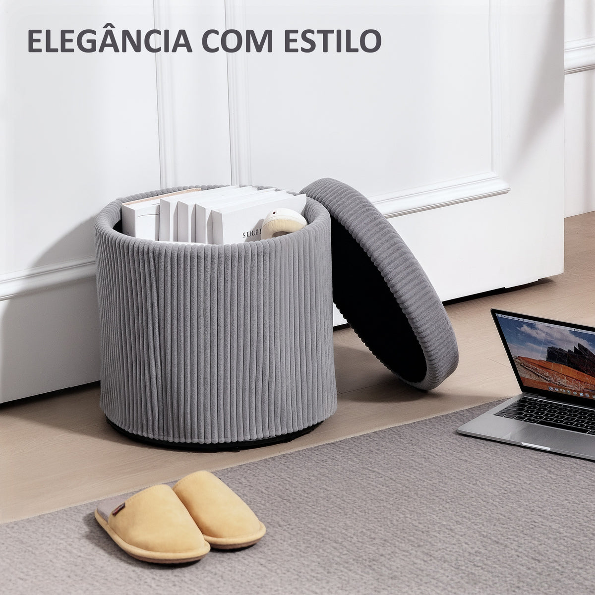 Puff de Arrumação Baú de Arrumação Redondo Estofado em Veludo Cotelê Assento Acolchoado Tampa Removível para Corredor Quarto Sala Ø40x41 cm Cinza Claro — foto 4