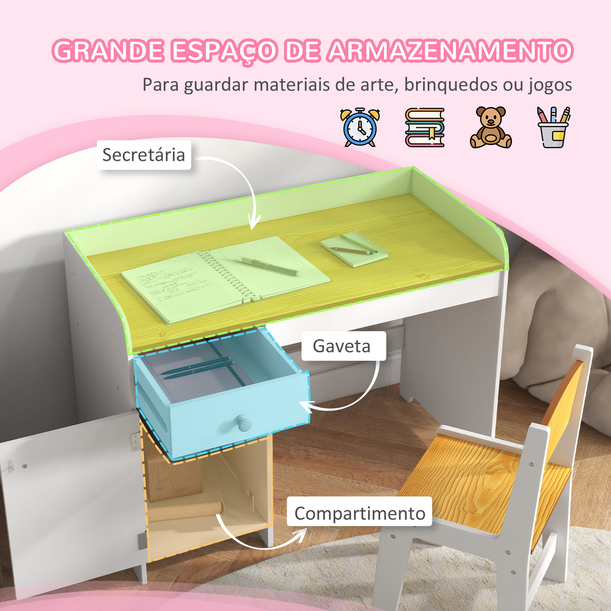 Conjunto de Secretária e Cadeira para Crianças Secretária Infantil com Cadeira Conjunto Infantil de 2 Peças com Gaveta e Armário para Quarto Sala Branco e Natural — foto 4
