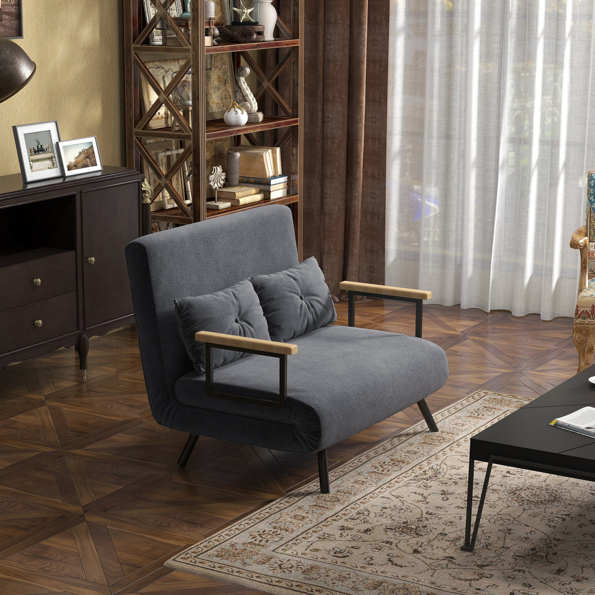 Sofá Cama Sofá Convertível em Cama de 2 Lugares Dobrável com Encosto Ajustável em 5 Níveis e 2 Almofadas Acolchoadas para Escritório Dormitório Sala de Estar 102x73x81 cm Cinza - Modelo 1 — foto 2