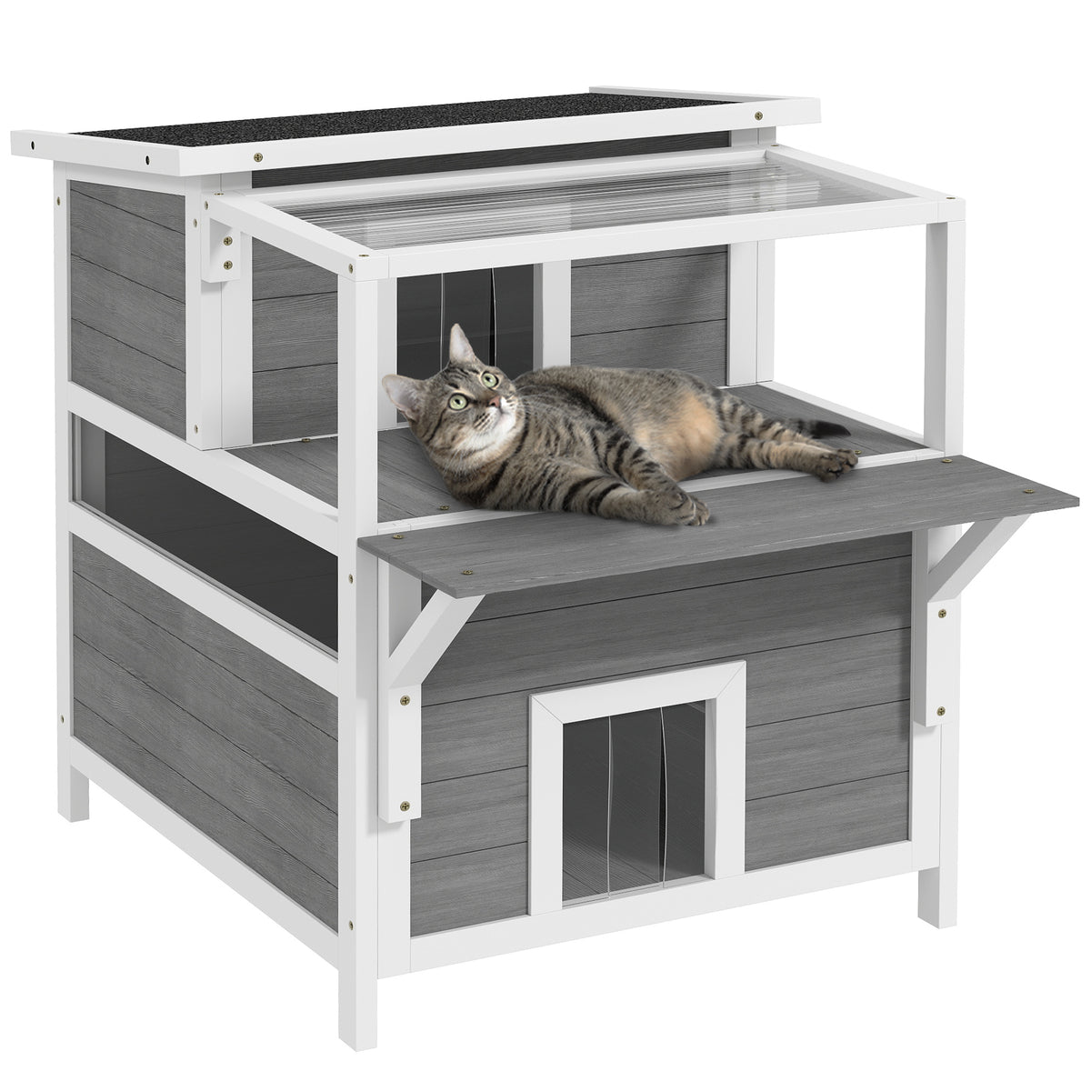 Casa para Gatos de Madeira 64x87x76 cm Casota para Gatos de 2 Níveis Refúgio para Gatos com Teto Asfáltico Janela e Porta com Cortina para Interior e Exterior 64x87x76 cm Cinza Claro — foto 1