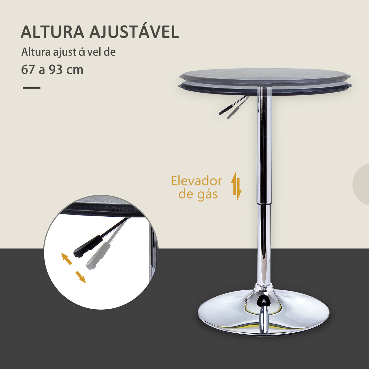 Mesa de Bar Redonda Ajustável em Altura 67-93 cm, Mesa Alta de Bar, Tampo Ø63 cm Giratório 360°, com Base Redonda de Metal Cromado, para Cozinha, Sala de Jantar, Preto — foto 4