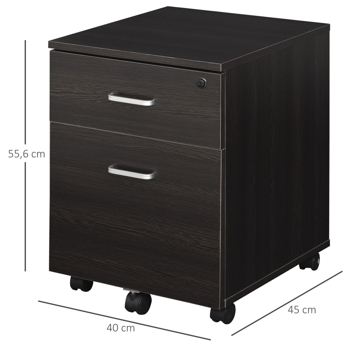 Bloco de Gavetas para Escritório Móvel de Arquivos com 2 Gavetas 5 Rodas com Travões e Fechadura com 2 Chaves para Escritório Secretária Casa 40x45x55,6cm Wengué — foto 3