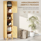 Coluna de Casa de Banho Estreita Armário de Casa de Banho Alto com Portas e Pés de Bambu Prateleiras Ajustáveis Compartimento Aberto 32x30x170 cm Madeira — foto 4