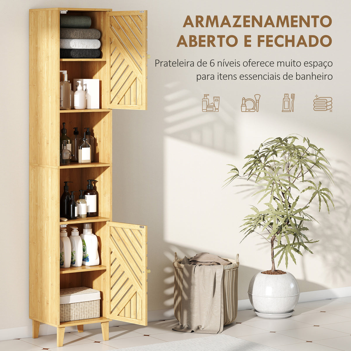 Coluna de Casa de Banho Estreita Armário de Casa de Banho Alto com Portas e Pés de Bambu Prateleiras Ajustáveis Compartimento Aberto 32x30x170 cm Madeira — foto 4