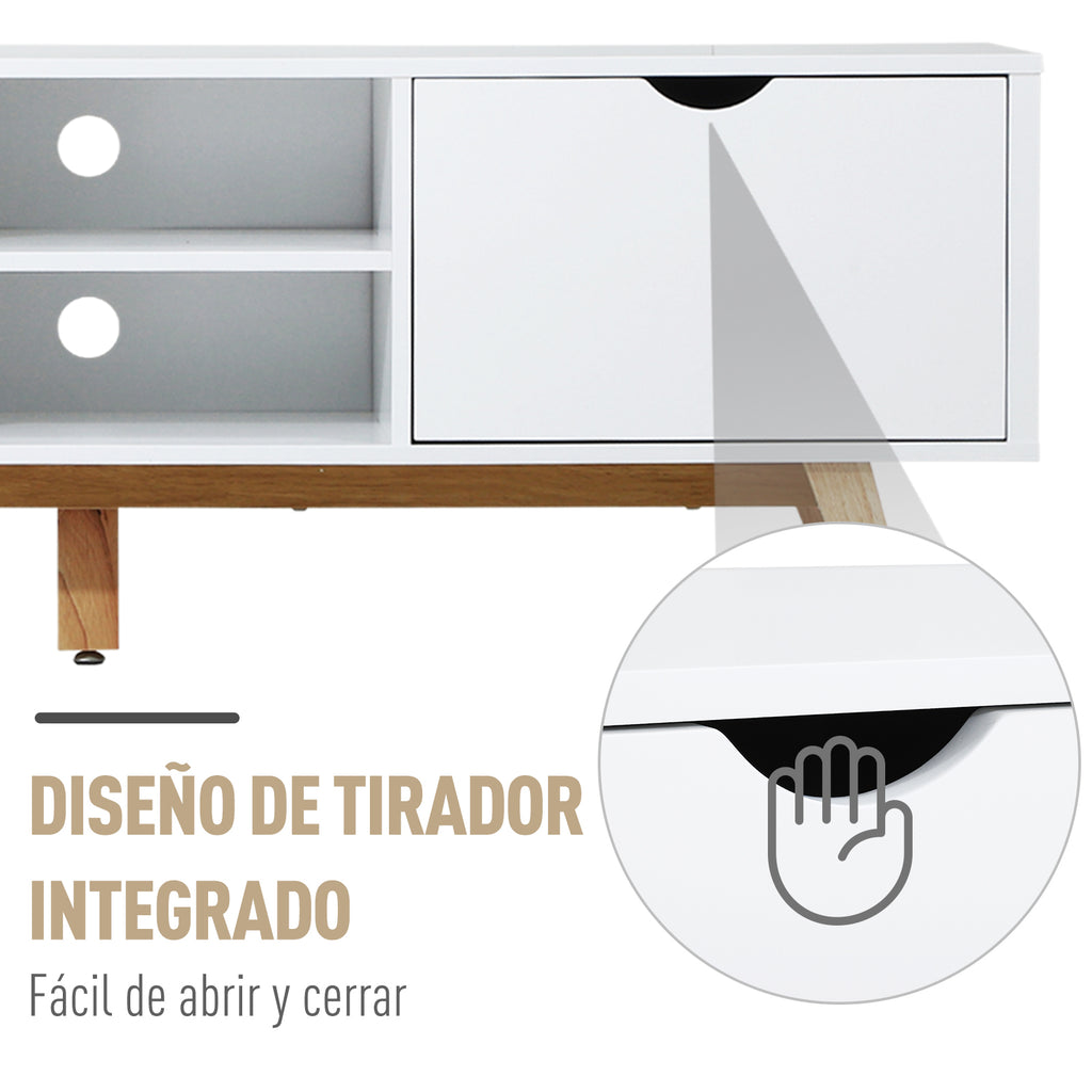 Móvel de TV para Televisores de até 65 Polegadas Móvel de TV com 2 Armários Prateleiras Abertas Puxador Oco Pés de Madeira de Borracha e Orifício Passa Cabos 150x39x50 cm Branco e Madeira — foto 6