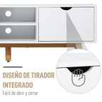 Móvel de TV para Televisores de até 65 Polegadas Móvel de TV com 2 Armários Prateleiras Abertas Puxador Oco Pés de Madeira de Borracha e Orifício Passa Cabos 150x39x50 cm Branco e Madeira — foto 6