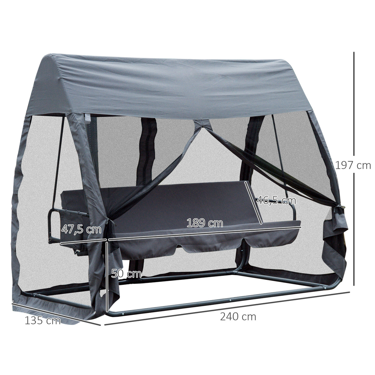 Baloiço de Jardim de 3 Lugares Convertível em Cama com Rede Mosquiteira para Terraço Balcão Exterior Carga Máxima 300kg 240x140x197cm Cinza — foto 3