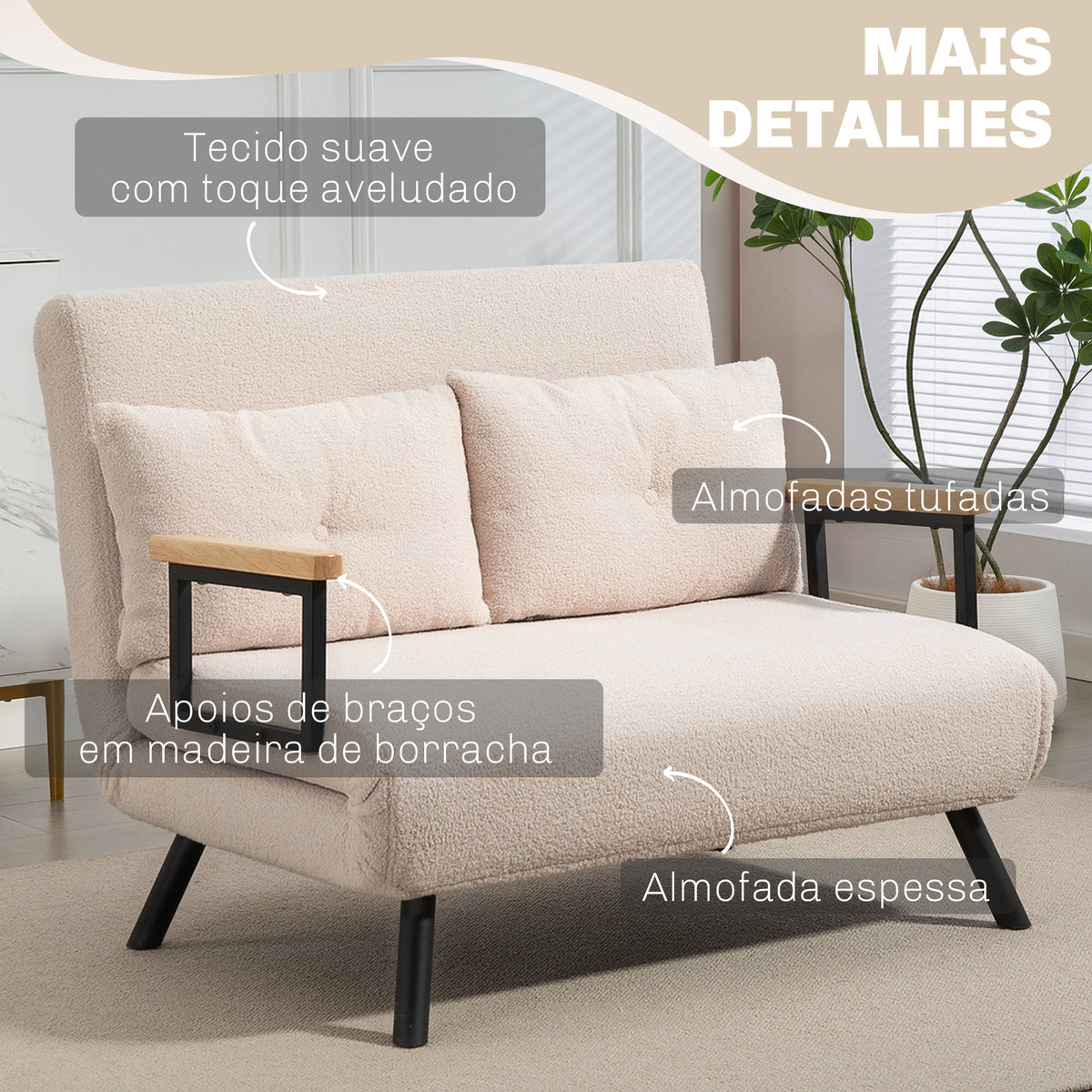 Sofá Cama Sofá Convertível em Cama de 2 Lugares Dobrável com Encosto Ajustável em 5 Níveis e 2 Almofadas Acolchoadas para Escritório Dormitório Sala de Estar 102x73x81 cm Bege - Modelo 1 — foto 6