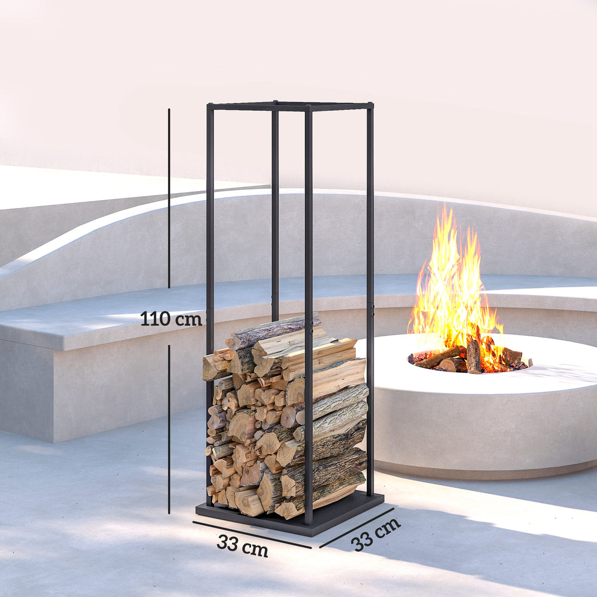 Suporte para Lenha Metálico para Interior e Exterior com Base Elevada Capacidade de 100 kg 33x33x110 cm Preto — foto 3