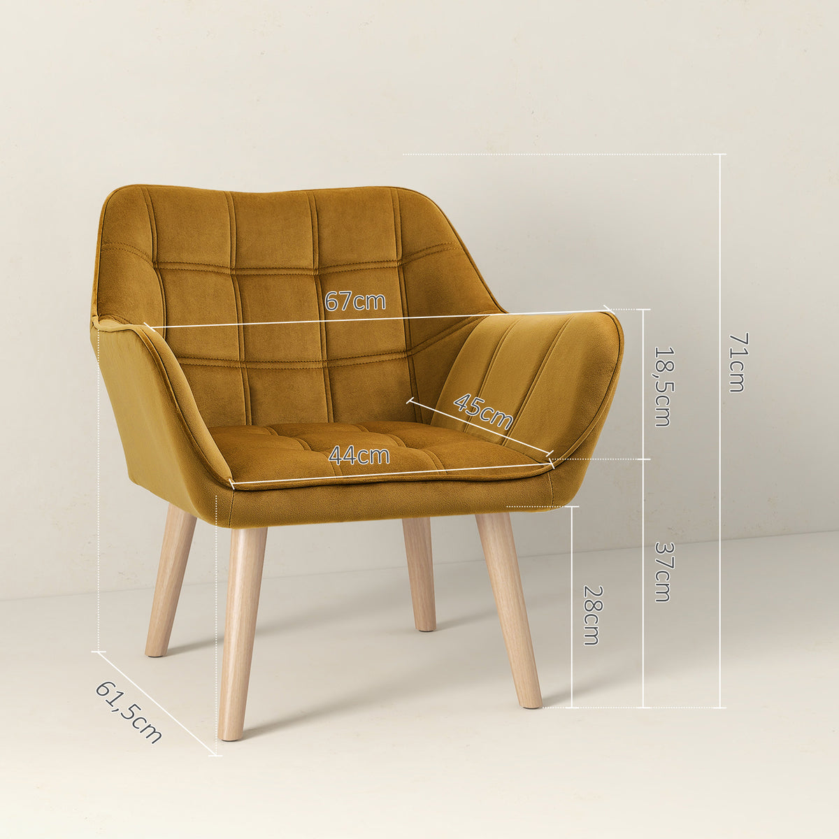 Poltrona Moderna Poltrona de Leitura Estofada em Veludo com Assento Amplo Pés em Madeira Poltrona Relax para Sala de Estar Quarto 67x61,5x71 cm Amarelo — foto 3