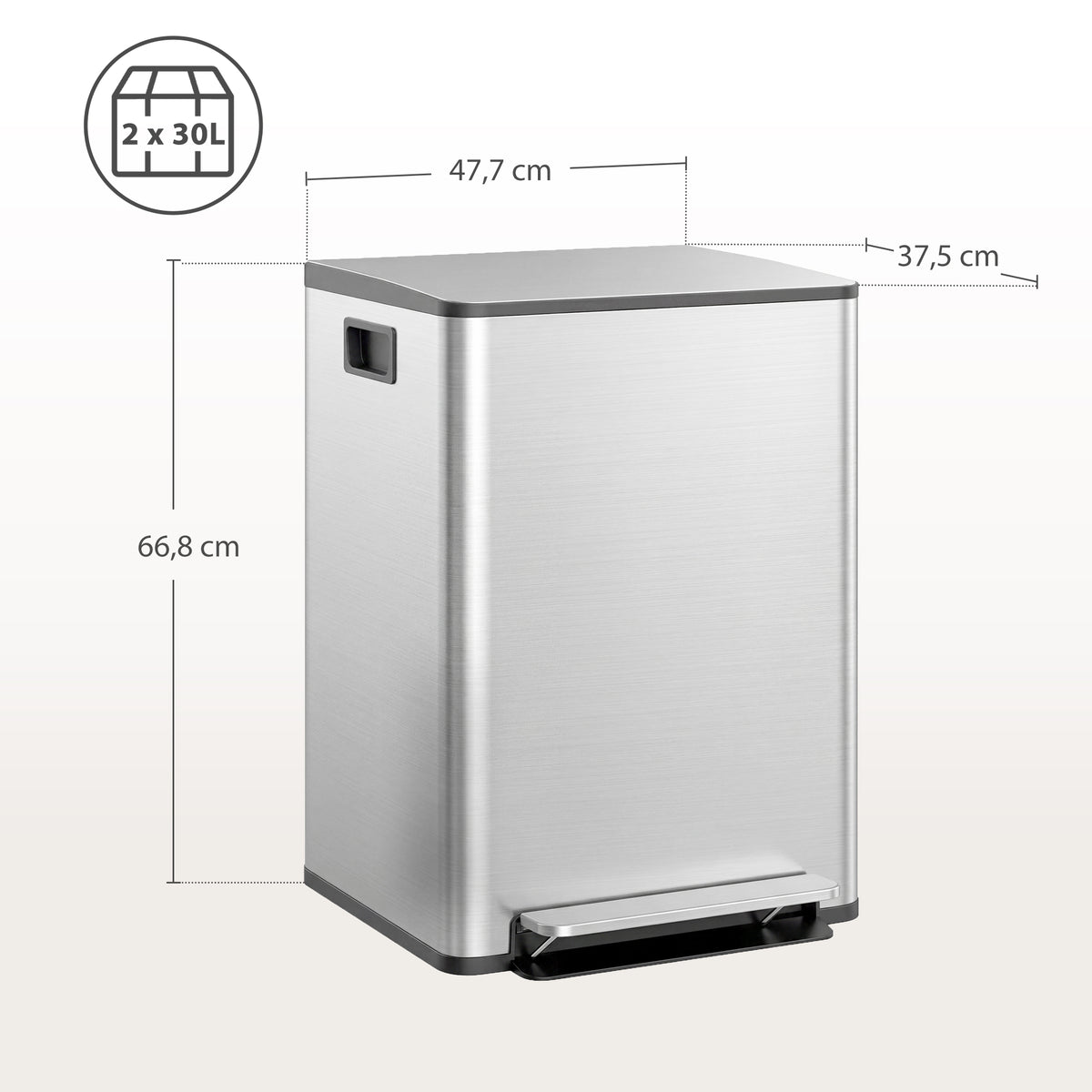 Balde de Lixo de Cozinha com 2 Compartimentos 2x30L Cubo de Lixo de Aço Inoxidável com Pedal Fechamento Suave e Cubo Amovível para Escritório Cozinha Prata — foto 3