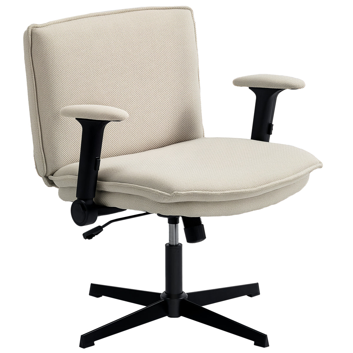 Cadeira de Escritório Cadeira de Secretária com Apoios de Braço Rebatíveis Assento Largo sem Rodas Altura Ajustável Giratória Função Basculante e Estofada em Linho 76x70x85-97 cm Creme — foto 1
