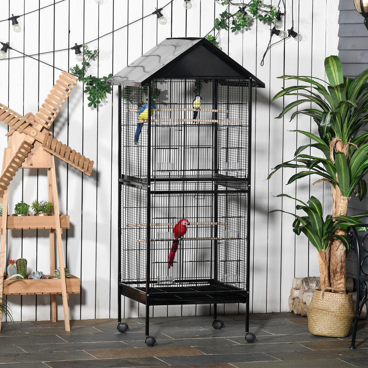 Grande gaiola de pássaros de 2 andares com rodas 8 alimentadores 4 poleiros e bandejas removíveis para papagaios canários 71,5x72x170 cm Preto — foto 2