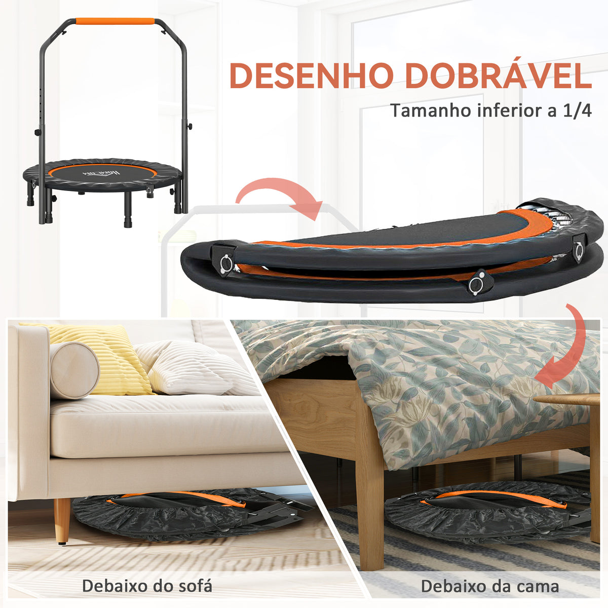 Trampolim Fitness Ø102 Trampolim Dobrável com Pega Ajustável em 4 Níveis Estrutura de Aço para Treino de Pernas Corpo em Casa Escritório Ginásio Preto e Laranja — foto 5