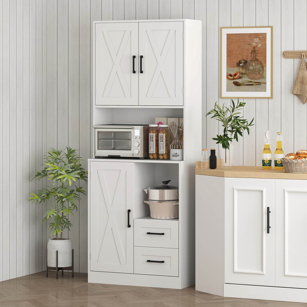 Armário de Cozinha Rústico Armário Alto de Cozinha com Portas Compartimentos Abertos Gavetas e Prateleiras Ajustáveis Anti-Tombo para Sala de Jantar 70x40x180 cm Branco — foto 2
