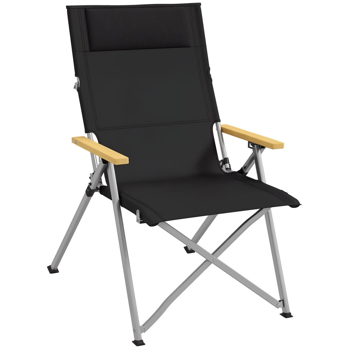Cadeira de Campismo Dobrável de Alumínio com Encosto Ajustável e Apoios de Braço de Madeira Cadeira de Jardim Portátil com Bolsa de Transporte para Exterior Piscina Praia 74x59,5x98 cm Preto — foto 1