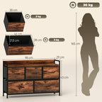 Cómoda com 5 Gavetas de Tecido Cómoda de Estilo Industrial com Estrutura Metálica para Sala de Estar Entrada Quarto 98x29x63 cm Castanho Rústico — foto 3