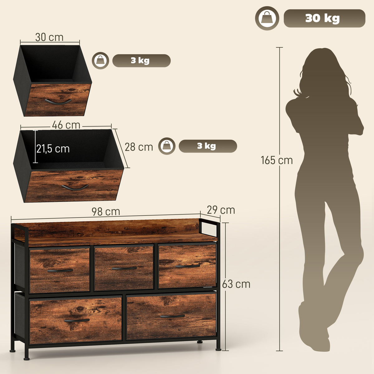 Cómoda com 5 Gavetas de Tecido Cómoda de Estilo Industrial com Estrutura Metálica para Sala de Estar Entrada Quarto 98x29x63 cm Castanho Rústico — foto 3