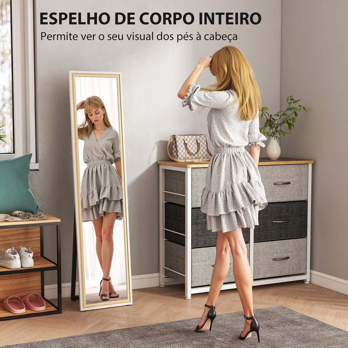 Espelho de Pé 157x37 cm Espelho Corpo Inteiro Grande com Moldura Bicolor para Utilizar Inclinado ou Suspenso para Sala Quarto Corredor Entrada Madeira — foto 4