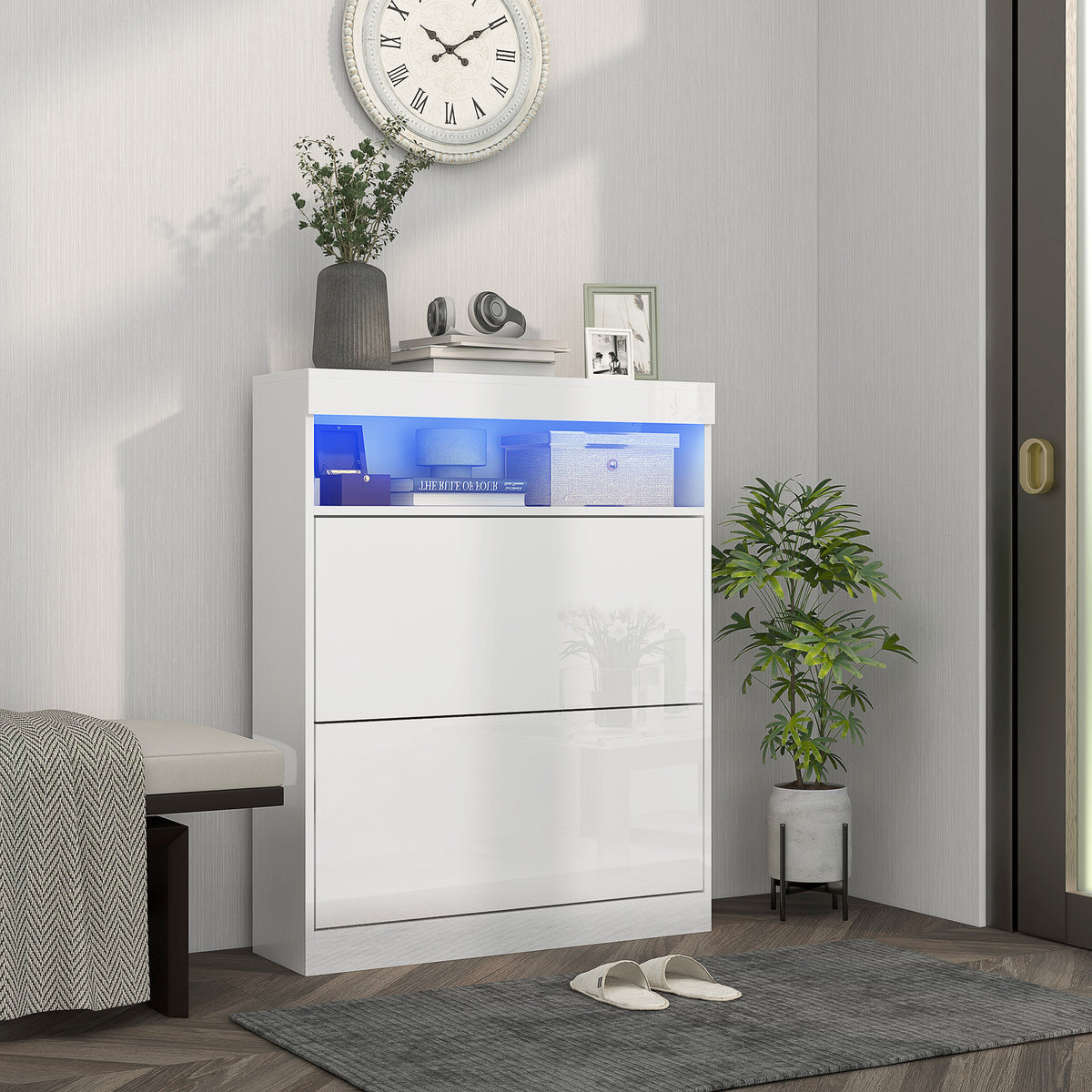Móvel Sapateira de Entrada Armário Sapateira com Luzes LED Prateleira Aberta e 2 Gavetas Basculantes para 12-16 Pares de Sapatos 80x24x99,5 cm Branco Brilhante — foto 2