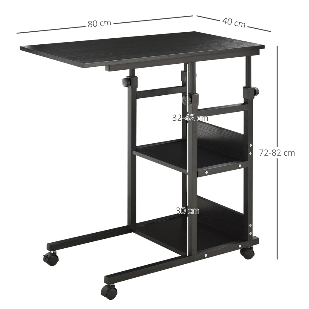 Mesa Lateral para Sofá Mesa lateral em Forma de C com 4 rodas Giratórias Freios Altura Ajustável 3 níveis Estrutura Metálica 80x40x72-82cm Preto — foto 3