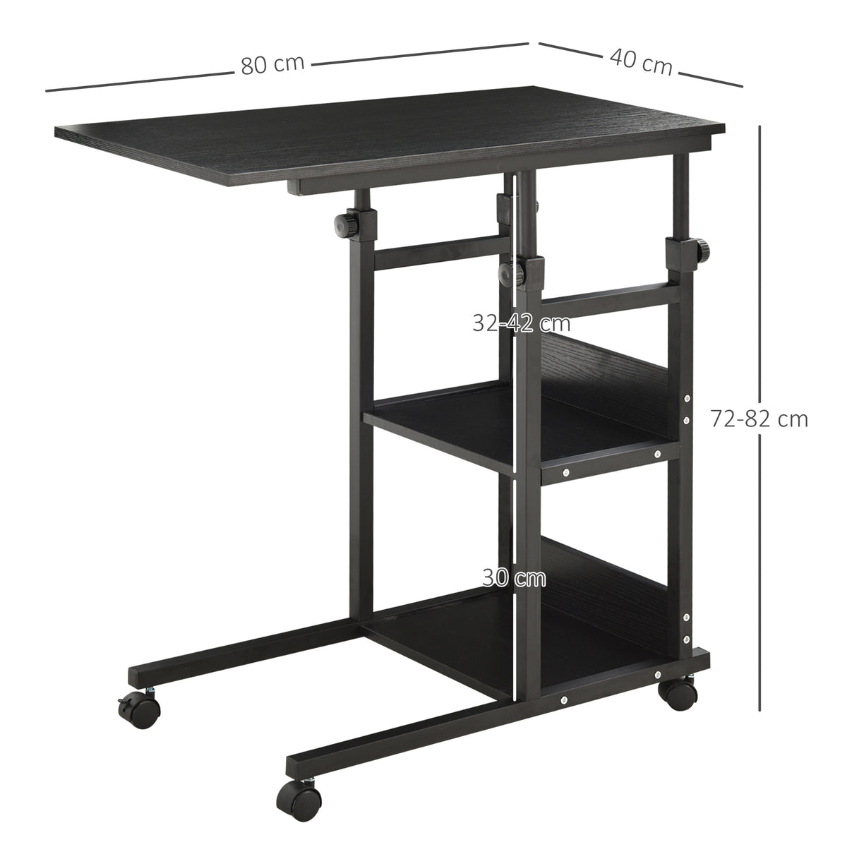 Mesa Lateral para Sofá Mesa lateral em Forma de C com 4 rodas Giratórias Freios Altura Ajustável 3 níveis Estrutura Metálica 80x40x72-82cm Preto — foto 3