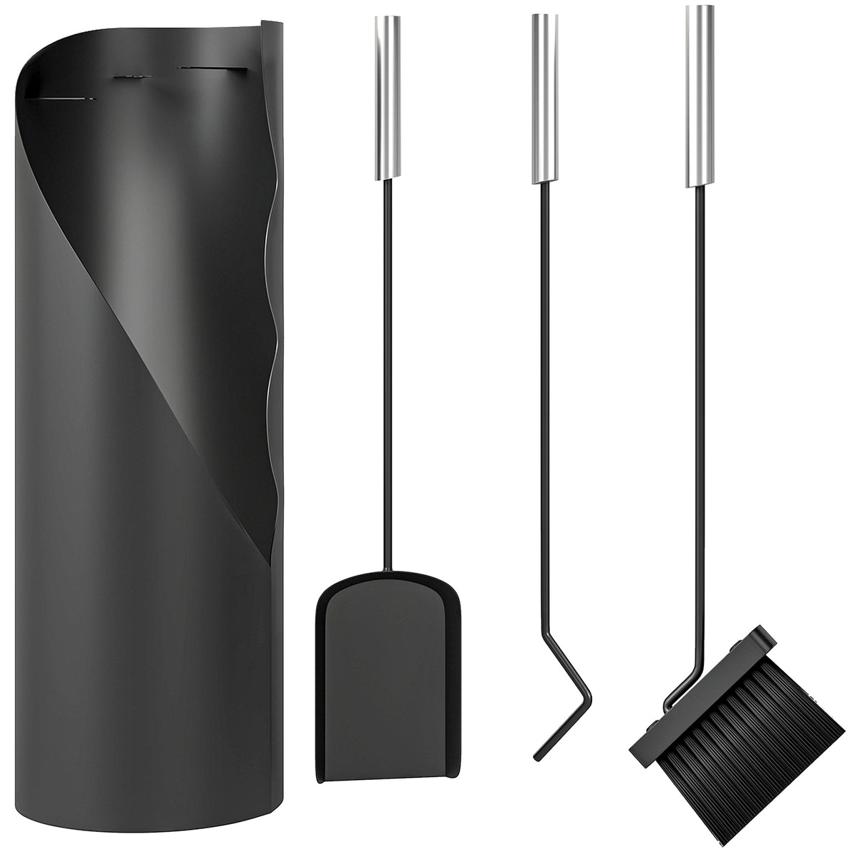 Conjunto de Acessórios para Lareira de 4 Peças Conjunto de Acessórios de Metal com Vassoura Pá Atiçador e Balde 20x20x65 cm Preto e Prateado — foto 1