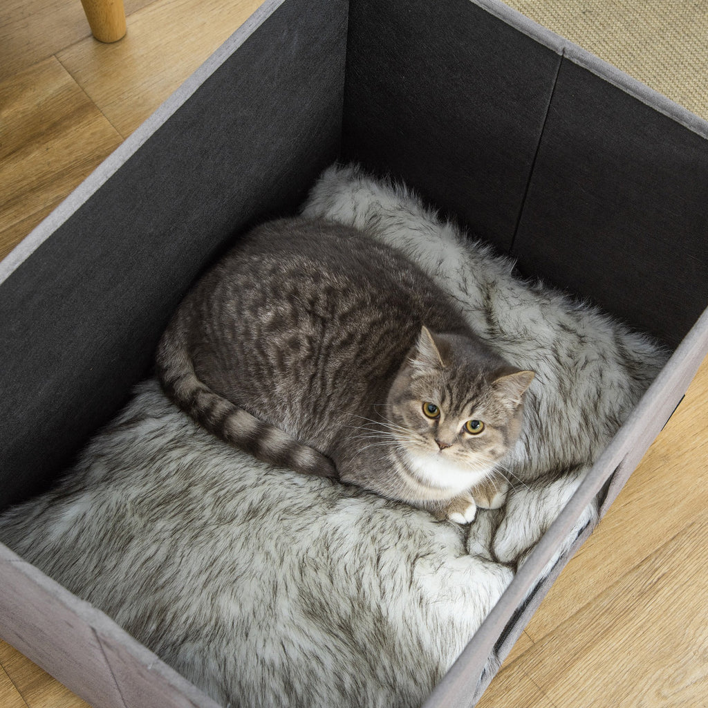 Caverna para Gatos 2 em 1 Banco para Apoio dos Pés com Tampa Removível Orifício de Entrada Almofada Lavável e Pés Elevados de Madeira para Interior 60x45x44,5cm Cinza — foto 9