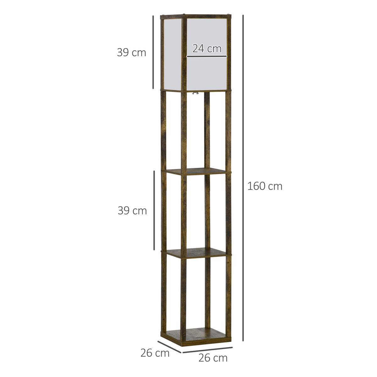 Candeeiro de Pé de Madeira com 3 Prateleiras De Armazenamento para Lâmpada E27 Potência Máx. 40W Candeeiro Moderno para Sala de Estar Dormitório 26x26x160 cm Marrom Rústico — foto 3