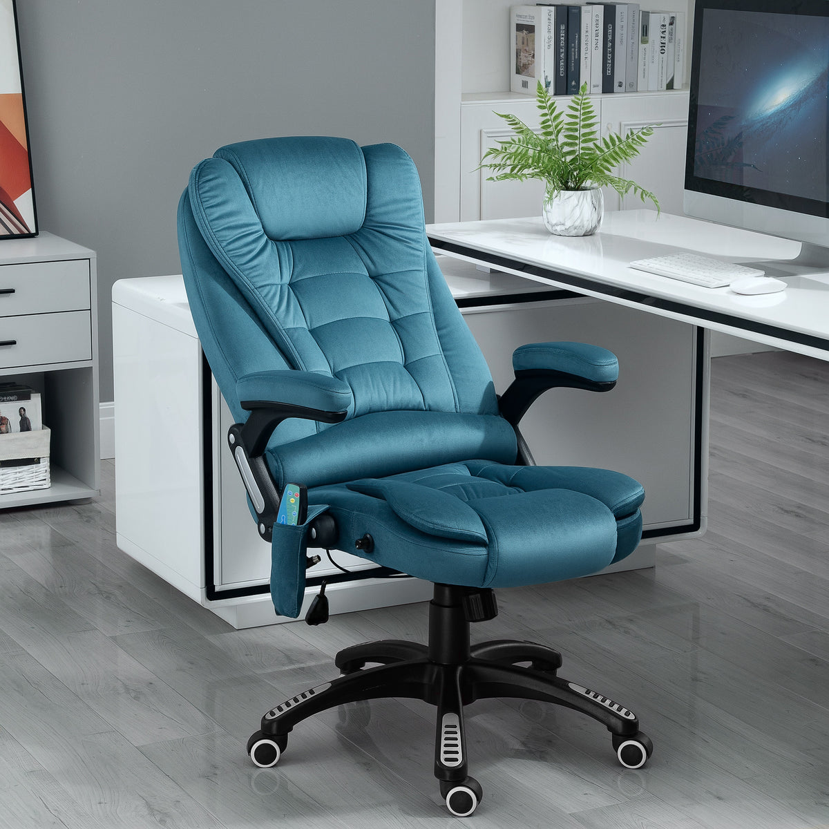 Cadeira de Massagem com 6 Pontos de Massagem Cadeira de Escritório Reclinável até 130° com Função de Aquecimento Altura Ajustável e Rodas para Estúdio 68x72x110-120 cm Azul — foto 2