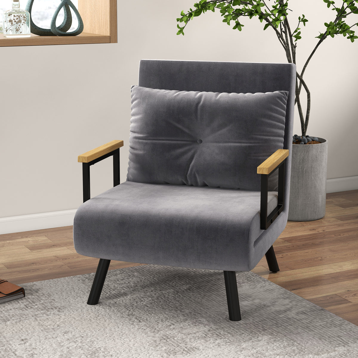 Poltrona Convertível em Cama Dobrável Poltrona 3 em 1 Convertível em Cama com Encosto Ajustável em 5 Níveis e Almofada Acolchoada para Escritório Sala de Estar Carga 120 kg 63x73x81 cm Cinza - Modelo 1 — foto 2