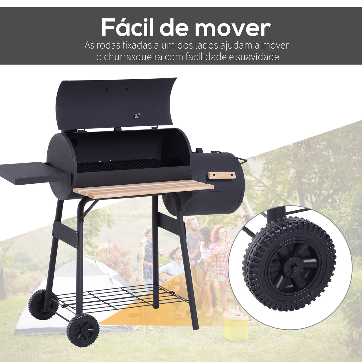 Barbecue a Carvão 2 em 1 Defumador e Grelha Barbecue com Termómetro Rodas e Prateleiras para Ar Livre Campismo Exterior 124x53x104cm Preto — foto 5