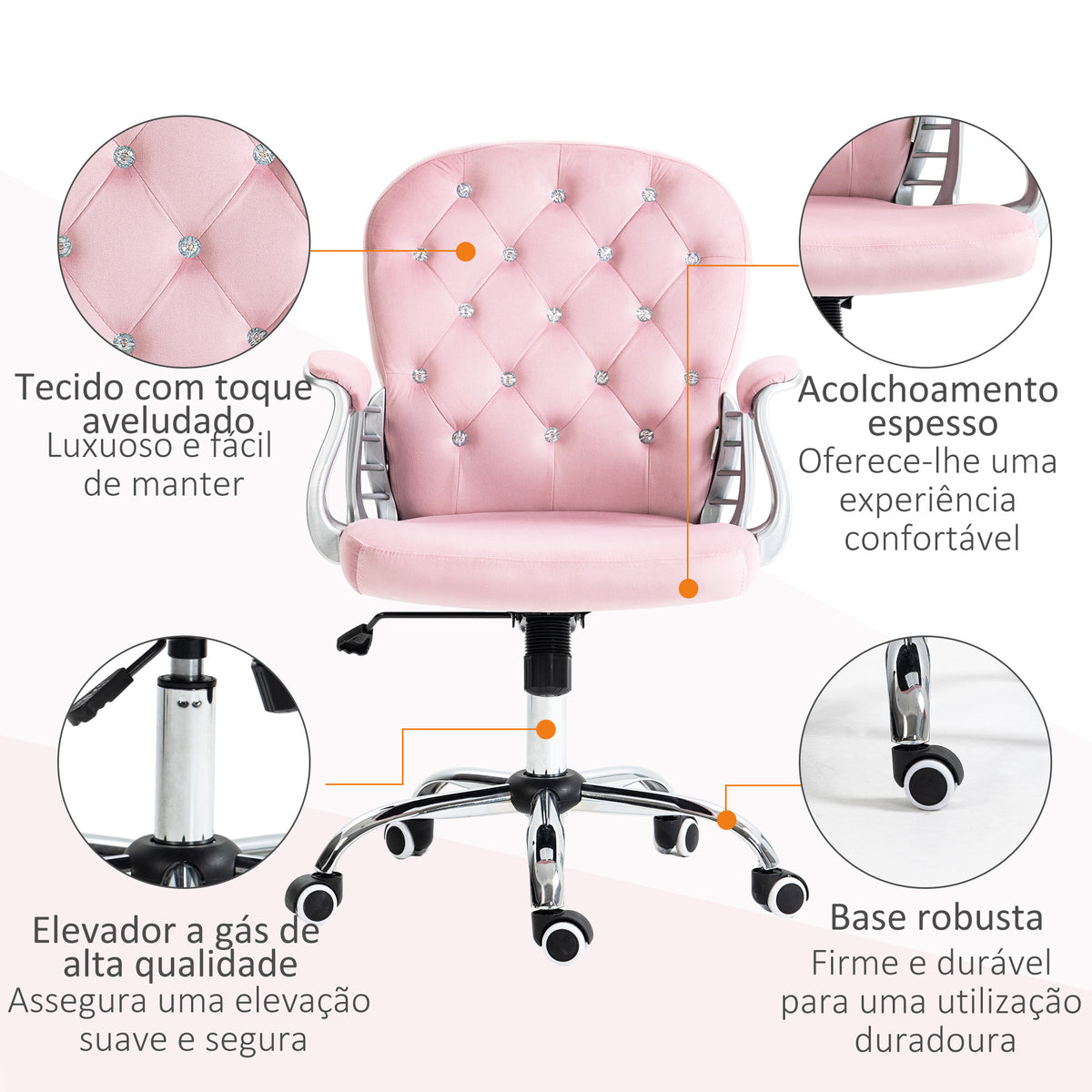 Cadeira de Escritório Estofada em Veludo Cadeira Giratória com Altura Ajustável Apoio para os Braços e Decorações de Cristal Carga 120 kg Cadeira para Estudio Dormitório Rosa — foto 5