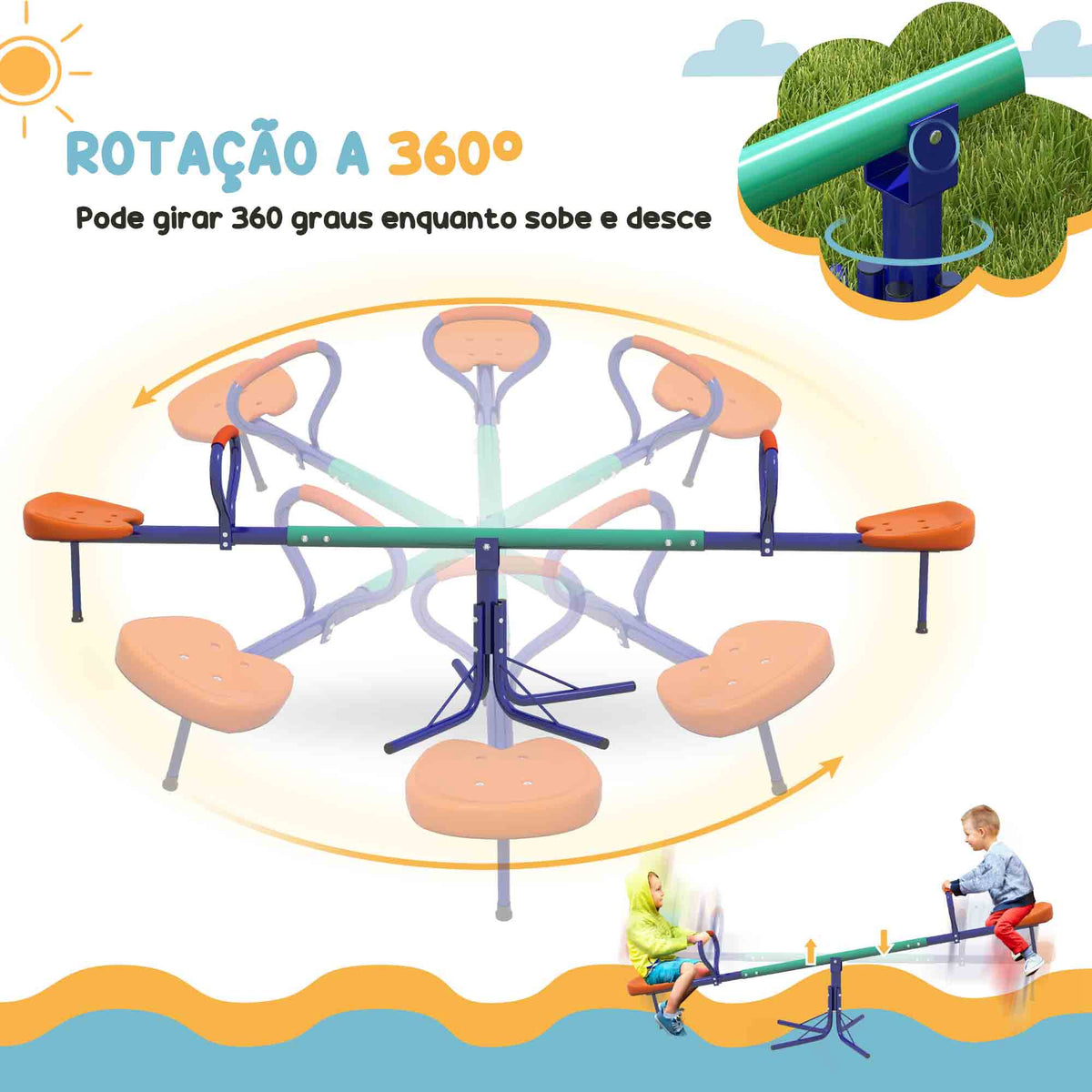 Baloiço para Crianças Carga 90 kg Sobe e Desce Infantil Giratório 360° com Barra de Comprimento Ajustável Amortecedor Assento Confortável e Base de Aço para Pátio Jardim Multicolor — foto 5