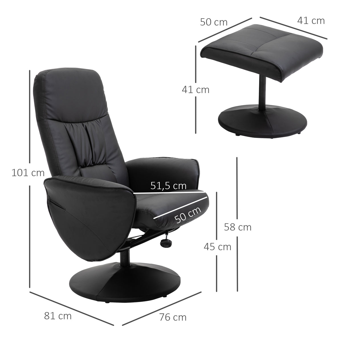Poltrona Relax com Apoio para os Pés Estofada em PU Poltrona Relax Reclinável até 145° e Giratório 360° com Encosto Ajustável para Sala de Estar Dormitório Escritório 81x81x105cm Preto — foto 3