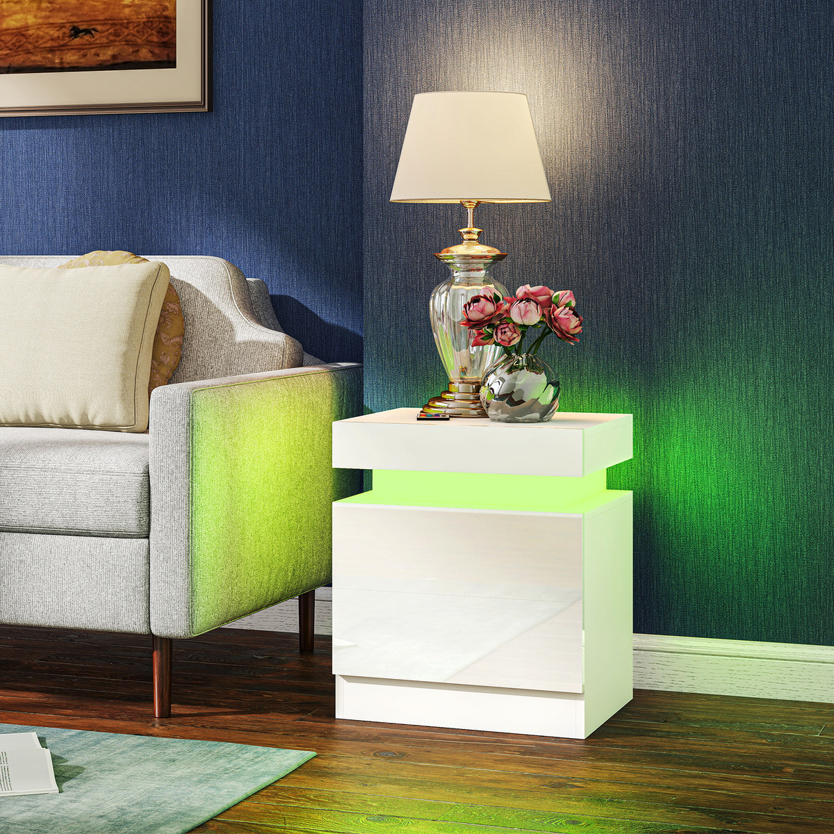 Conjunto 2 Mesas de Cabeceira LED a 16 Cores e 4 Modos com 2 Gavetas em Madeira 45x35x52 cm Branco Brilhante — imagem 5