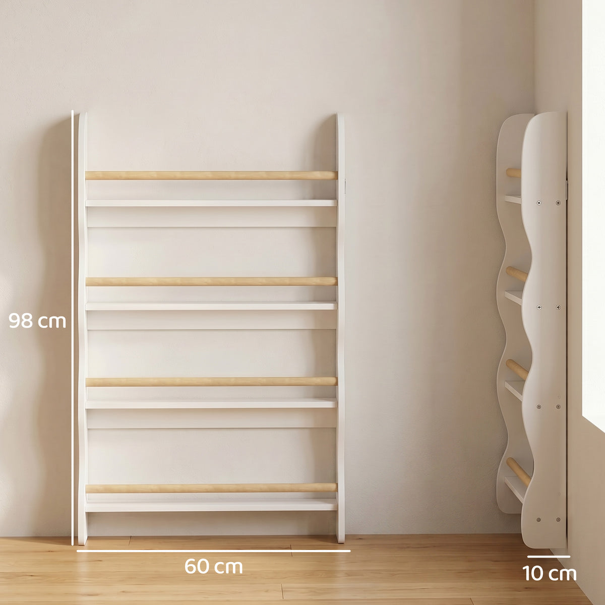 Estante Infantil Estante com 4 Prateleiras Prateleira de Parede com Proteção Anti-capotamento Montessori 60x10x98 cm Branco — foto 2