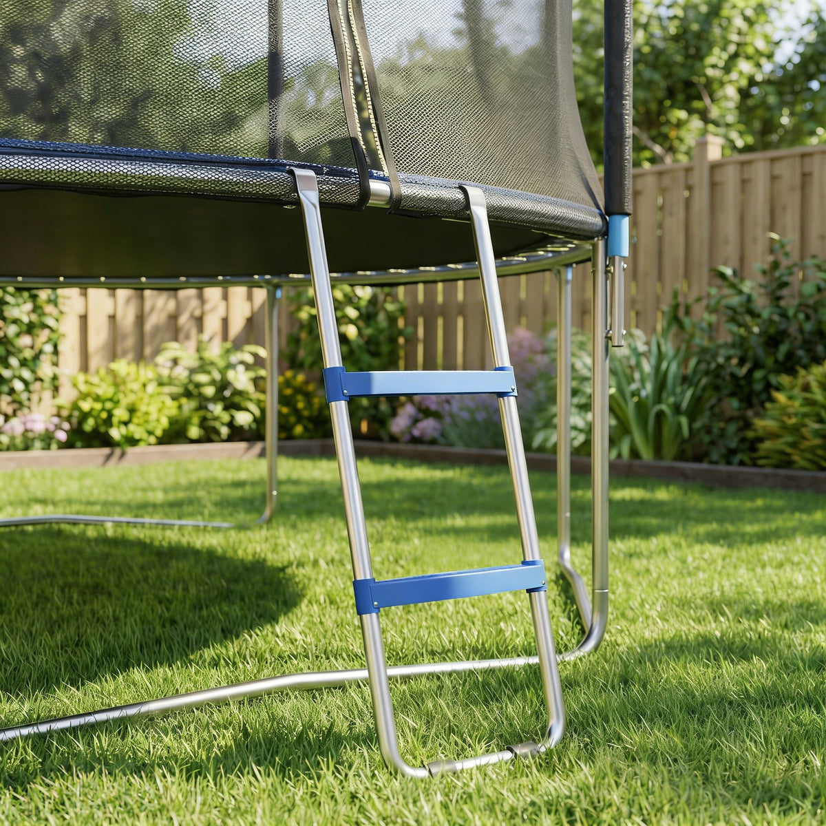 Escada para Trampolim 2 Degraus Largos com Gancho Universal Estrutura em Aço Galvanizado Capacidade 150 kg 97x32x7 cm Azul — imagem 3