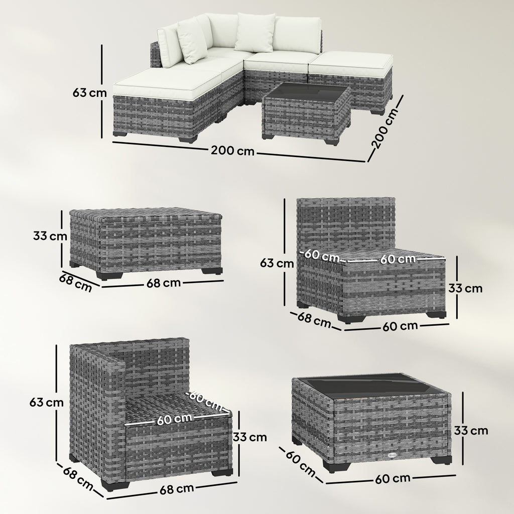 Conjunto de Móveis de Jardim em Rattan 6 peças com Cadeira Angular Sofás sem Braços Apoios para Pés e Mesa Cinza Mesclado — foto 2