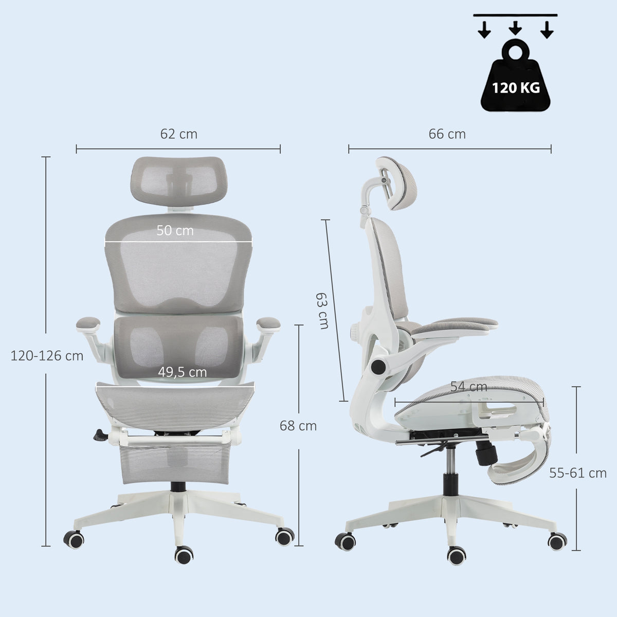 Cadeira de Escritório Ergonômica Reclinável em Malha, Suporte Lombar, Encosto de Cabeça, Apoios de Braço Eleváveis, 62x66x126cm, Cinza — foto 2