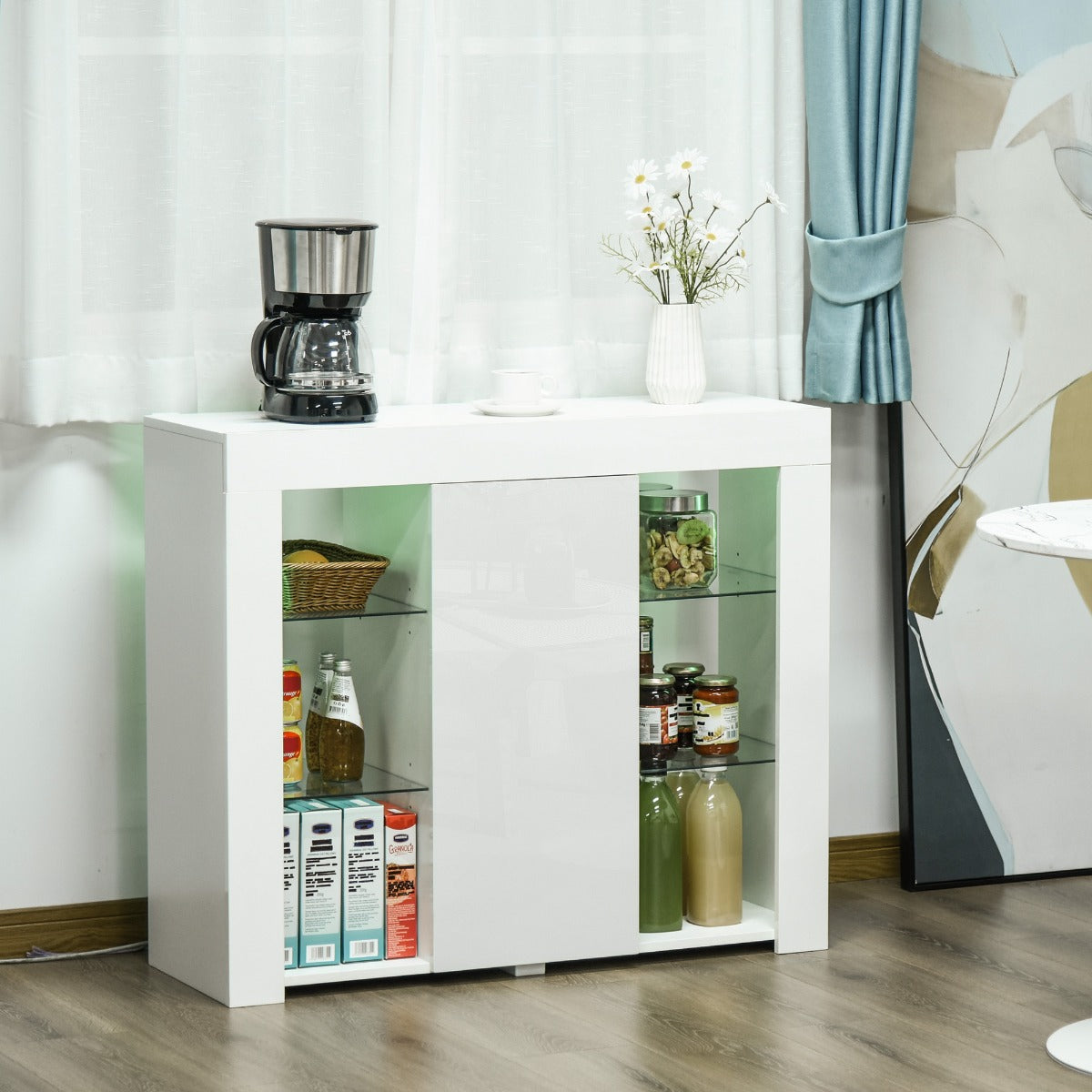 Aparador Moderno com Luzes LED Móvel Buffet com 1 Porta com Fechamento a Pressão e Prateleiras Ajustáveis Controle Remoto 97x35x83cm Branco — foto 9