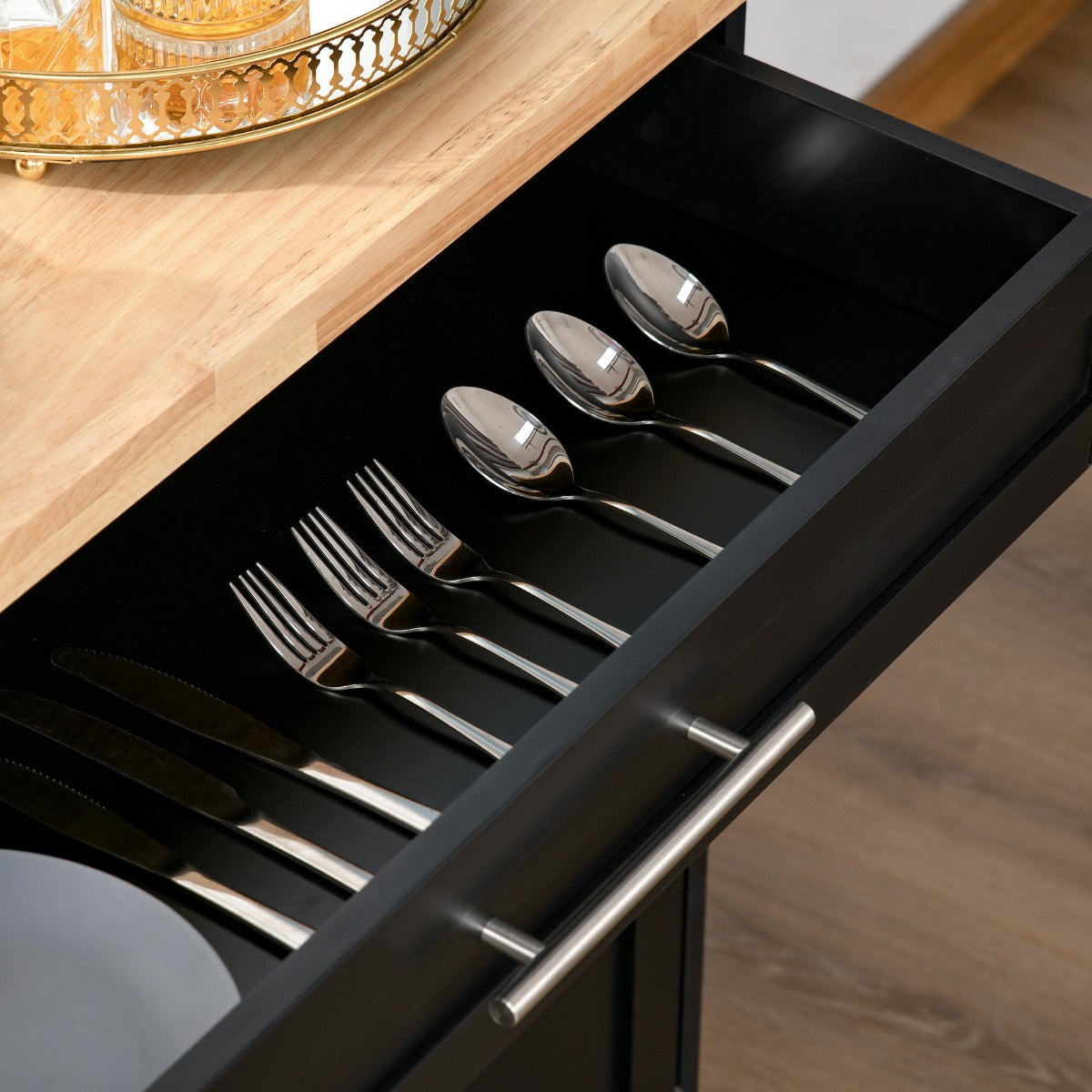 Carrinho de Cozinha com Armário Portas e Prateleira Interior Ajustável Gaveta Barra e Suporte para Temperos Móvel Aparador Auxiliar com Rodas para Sala de Jantar 109x40x89cm Preto — foto 9